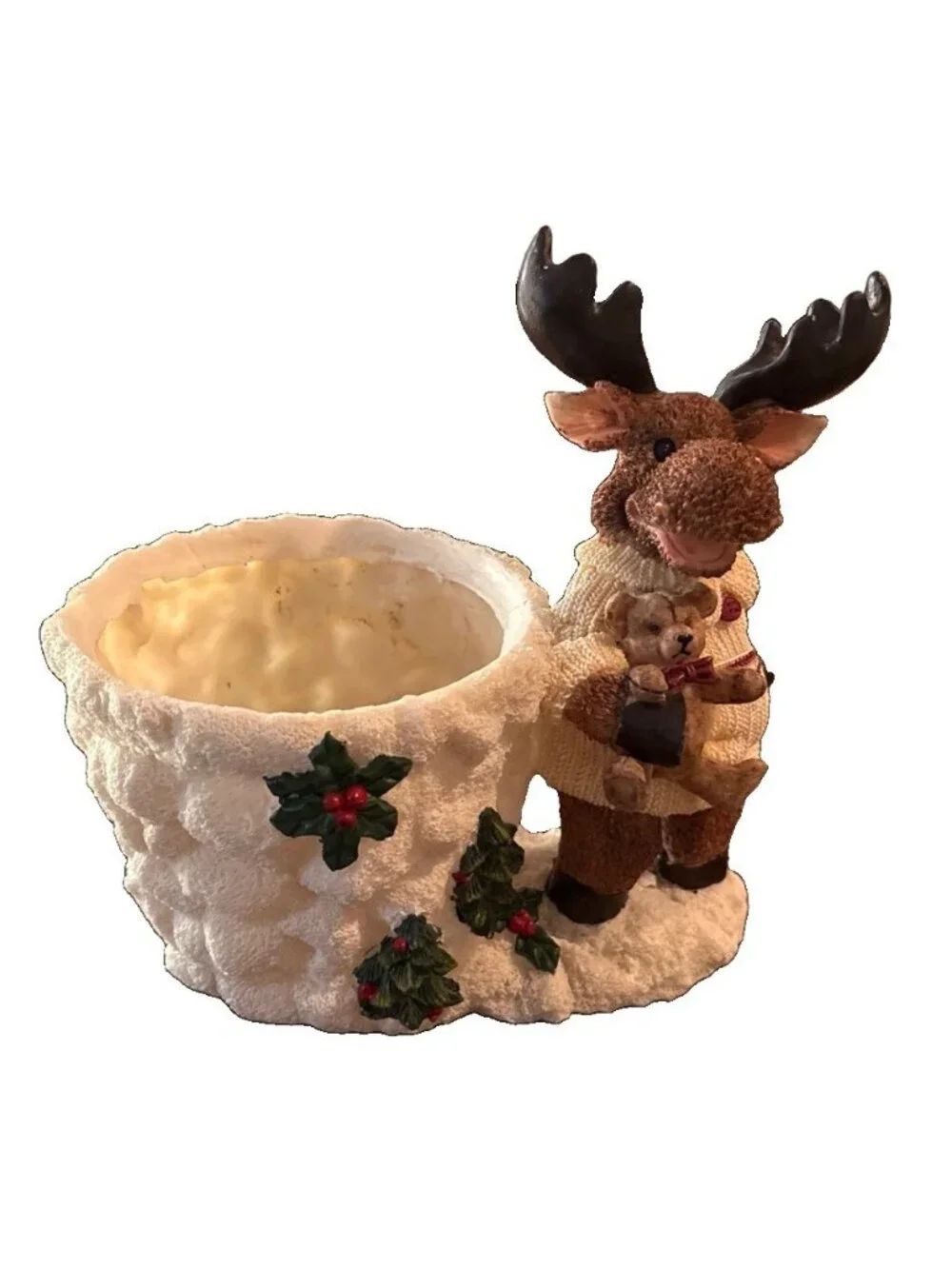Christmas Winter 7.5” Moose holding Bear & 4” side Planter/Candle Holder
